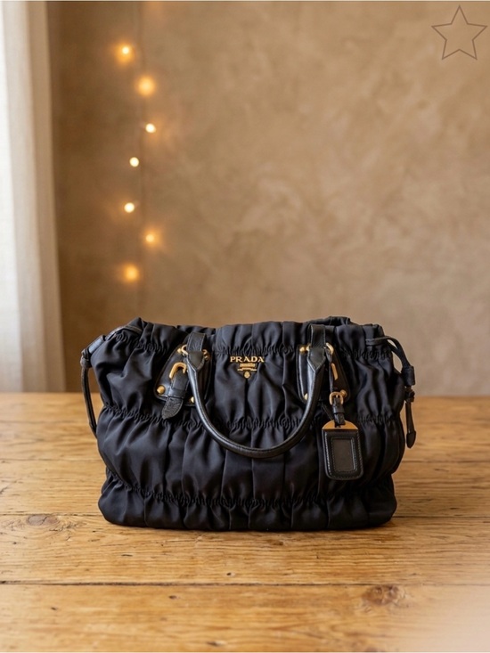 Prada Handbags - Prada BN1788 Tessuto Gaufre
Nero Black Ruched Satchel +Strap + Authenticity Card